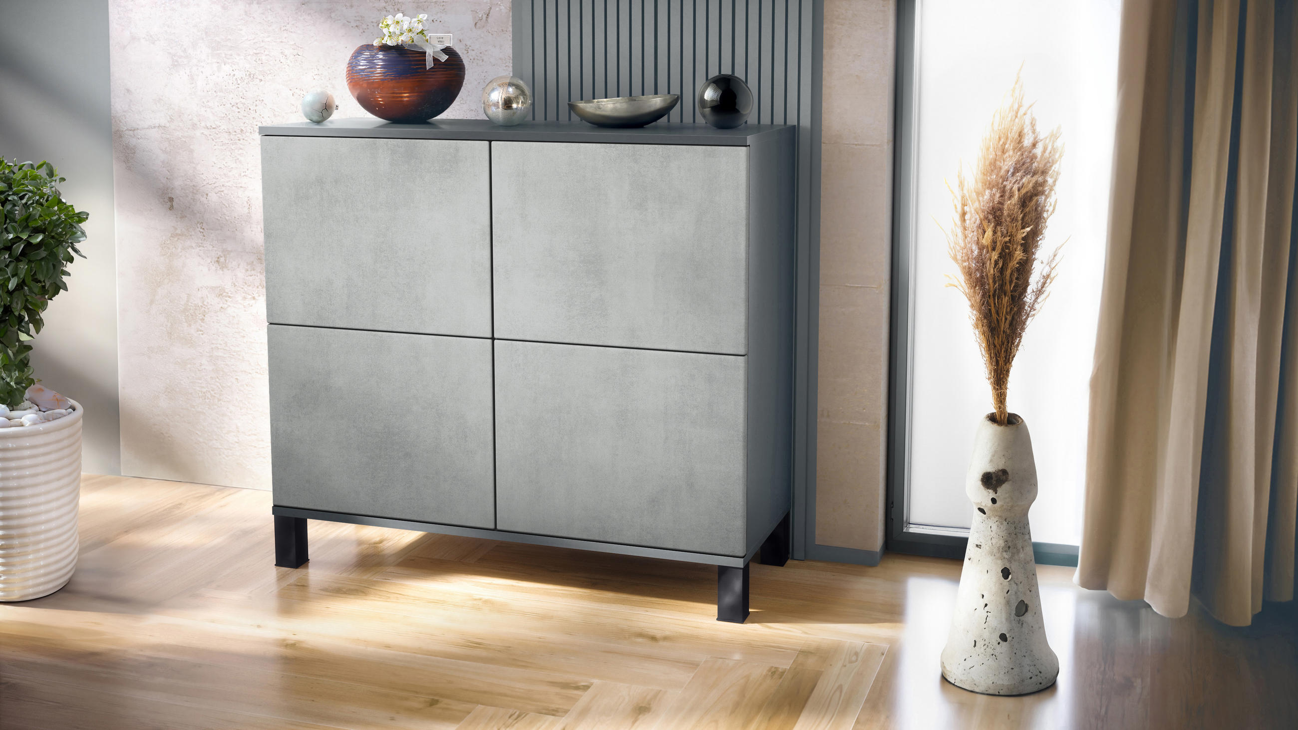 KOMMODE Rova Beton Oxid Optik - Hellgrau, Holzwerkstoff (92.5/84.5/35cm) - Vladon