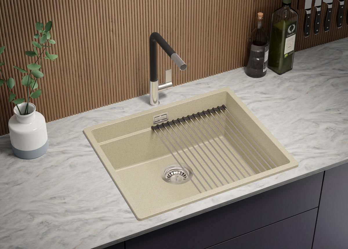 GRANITSPÜLE Praga Slim, 2-er set Beige 56/47 cm 1 Becken + Küchenarmatur 40/20 cm + Ablauf-Set + Aufrollbare Abtropffläche ab 60er Unterschrank - Chromfarben/Beige, Kunststoff (56/20/47cm) - Primagran