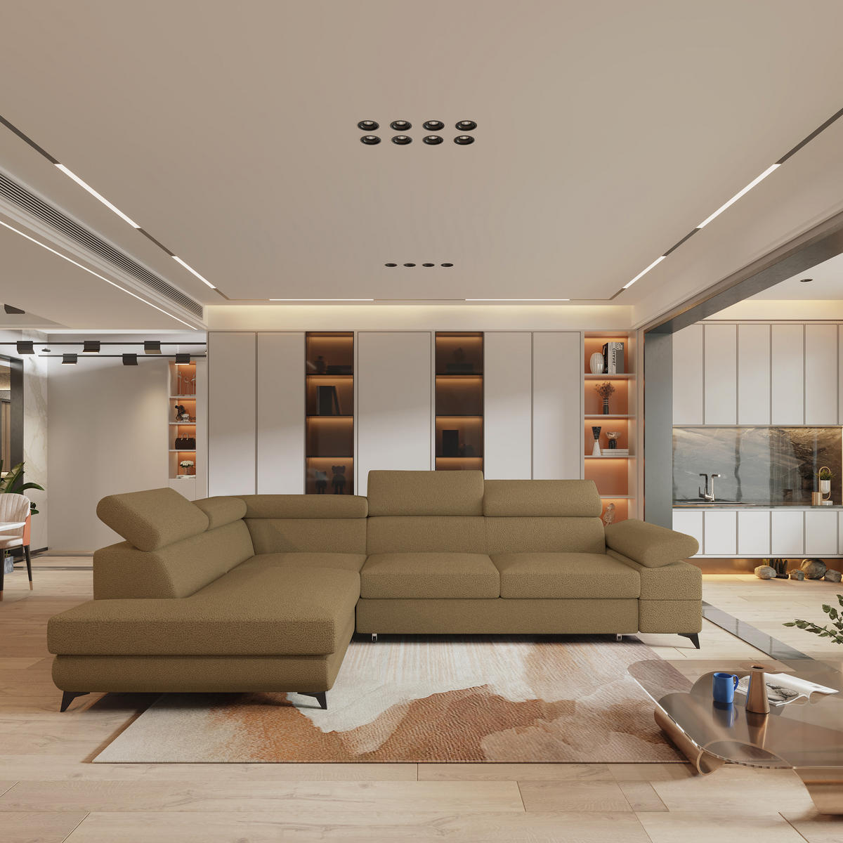 ECKSOFA FAVIEN L-S Orange Boucle-Stoff mit Schlaffunktion - Orange, Holz (257/190cm) - MASSENO