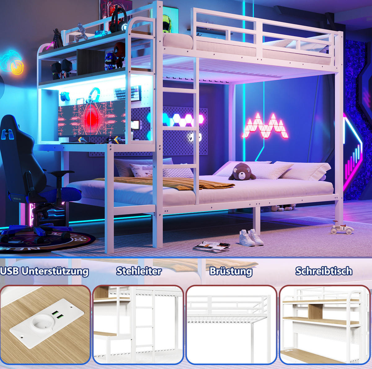 ETAGENBETT 140/200 cm Weiß mit Schreibtisch und LED-Beleuchtung mit USB-Anschluss aus Metall - Weiß, Metall (140/200cm) - OKWISH