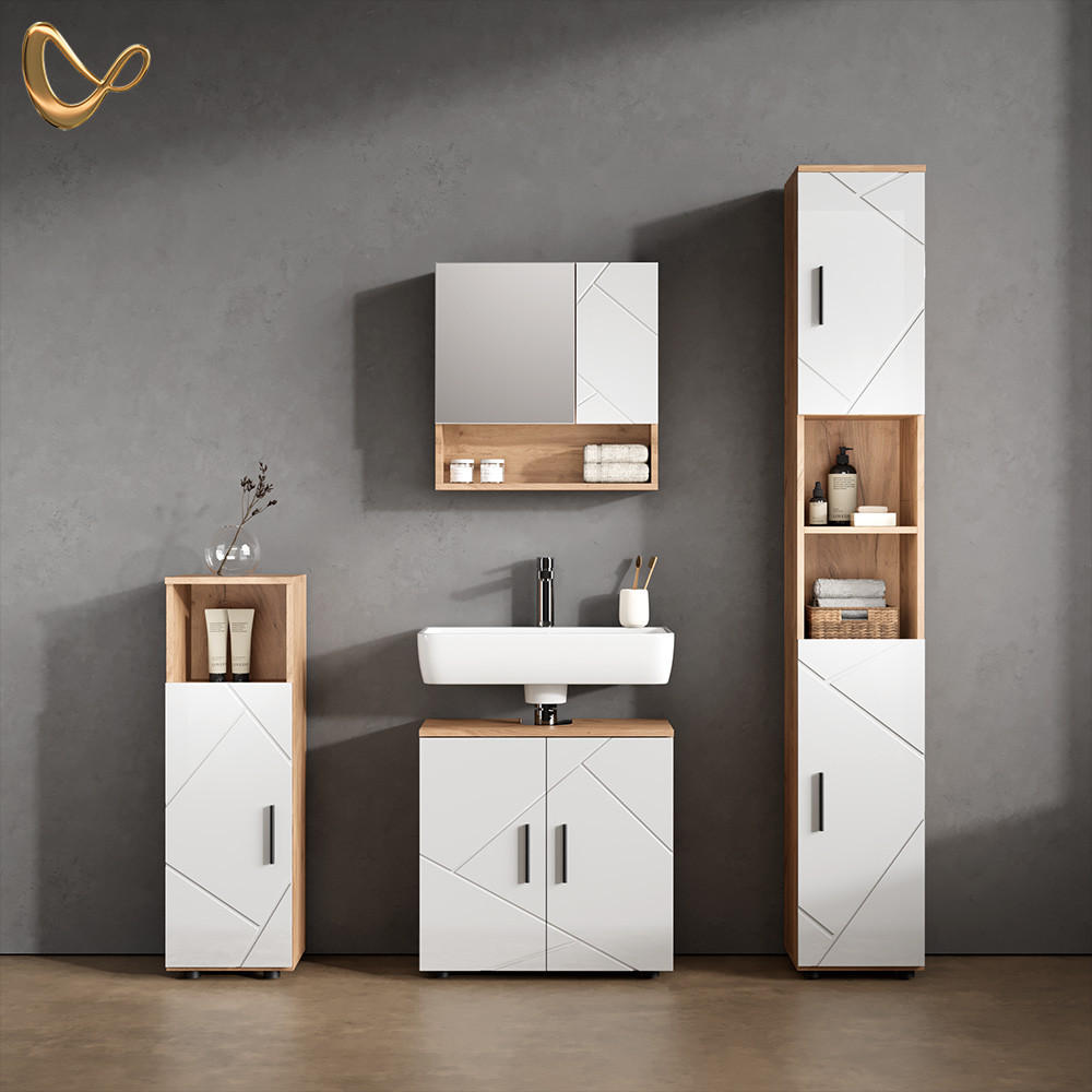 BADMÖBEL-SET Ronco Weiß Hochglanz/Goldkraft Eiche 4 Teile, mit Hochschrank - Honigeiche/Weiß Hochglanz, Holzwerkstoff (60/59/30cm) - Livinity®