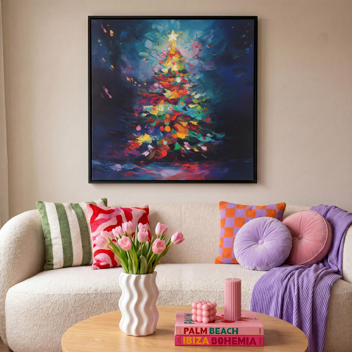 LEINWAND Bilder mit Rahmen - Weihnachtsbaum - Weihnachten - Abstrakt - Farbenfroh - 90x90 - Multicolor, Textil (90/90cm) - MuchoWow