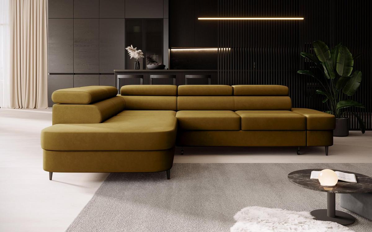 ECKSOFA Priam L-Form mit Schlaffunktion und Stauraum Modern Form Gold - Goldfarben, Holz/Textil (275/203cm) - Muffo