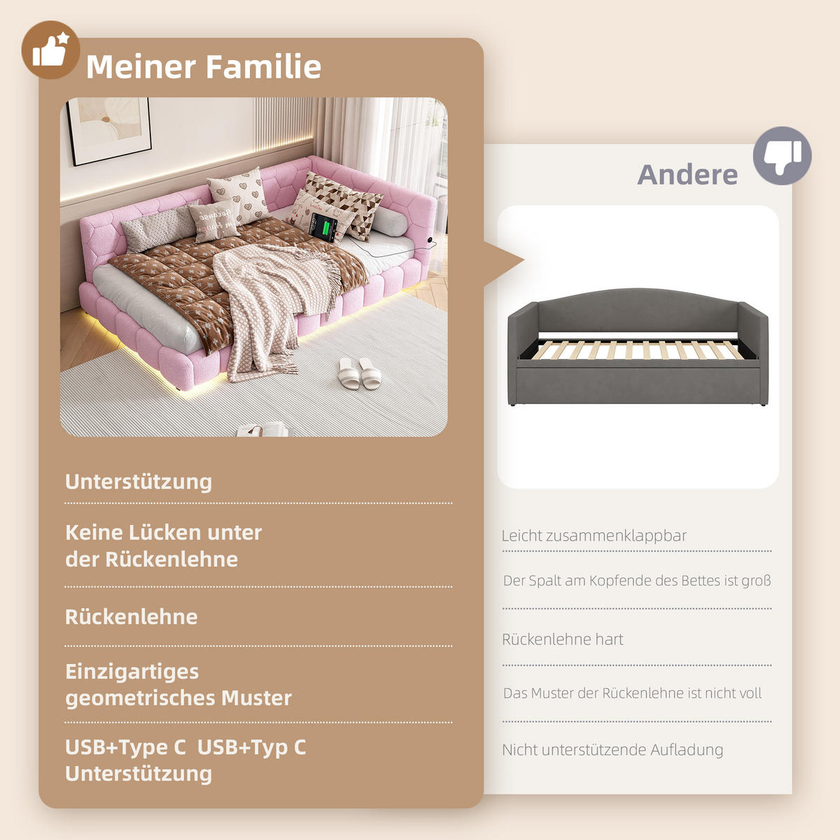 TAGEBETT 90x200cm Rosa Vliesimitat 16 Farben Umgebungslicht USB-C - Pink, Holz (90/200cm) - FLIEKS