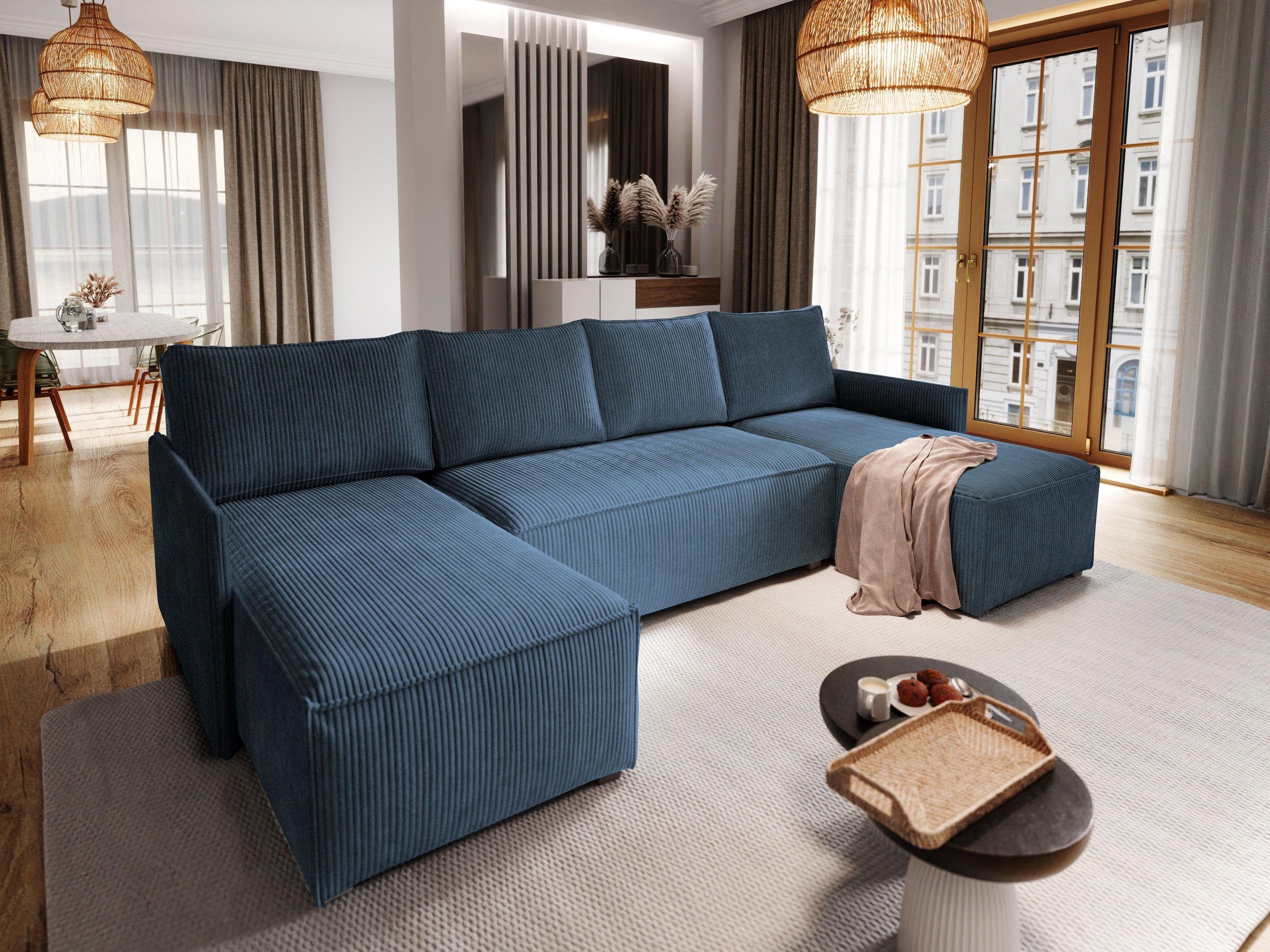 WOHNLANDSCHAFT TRES Blau Kordstoff mit Schlaffunktion - Blau, Holz (271/85/140cm) - MASSENO