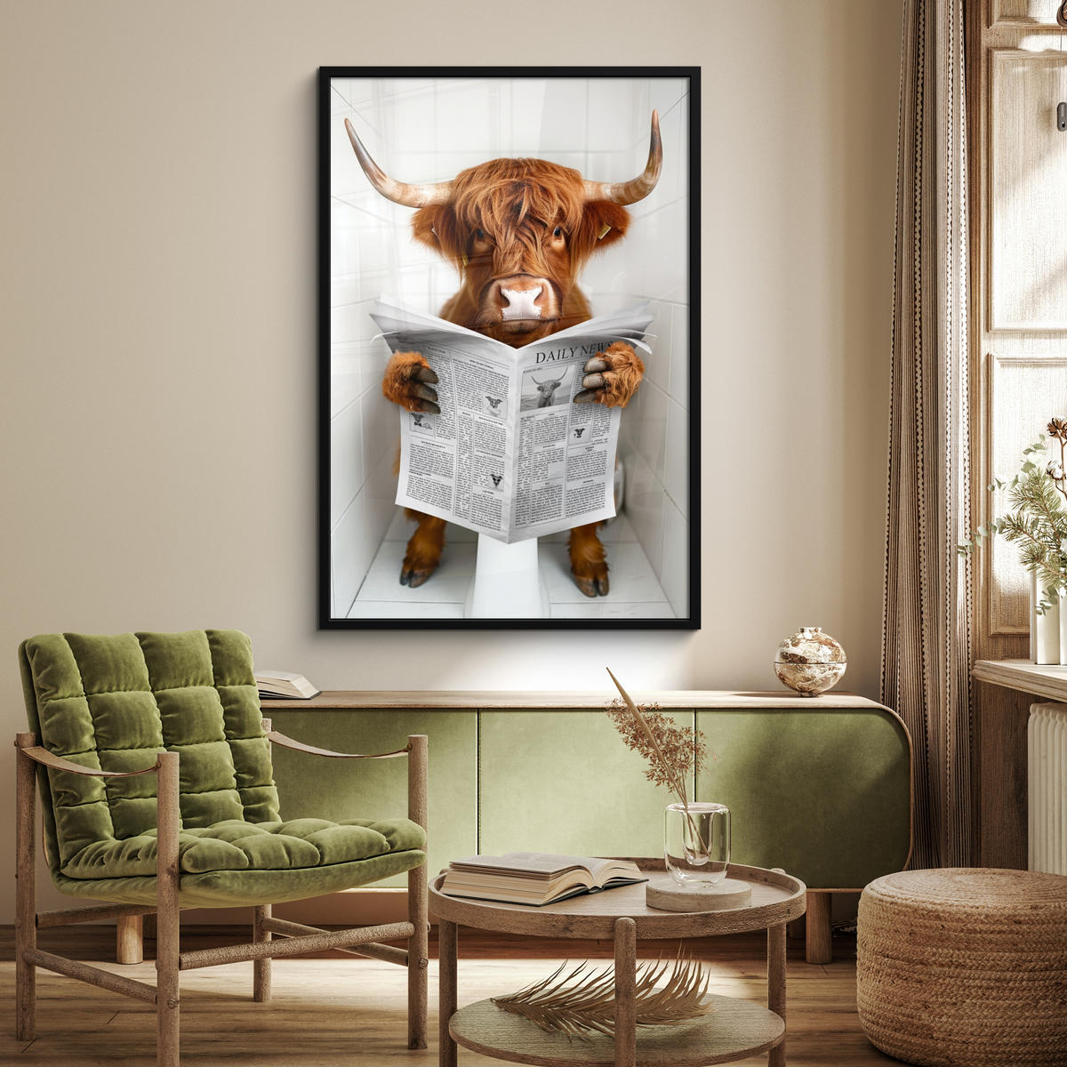GERAHMTES BILD Schottisches Hochlandrind - Tier - Zeitung - Toilette 80x120 cm - Kastanienfarben, Papier (80/120cm) - MuchoWow