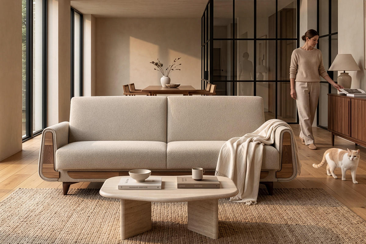3-SITZER-SCHLAFSOFA GUSTAVO mit Armlehnen, creme - Creme/Braun, Holz/Holzwerkstoff (230/98/98cm) - KONSIMO®