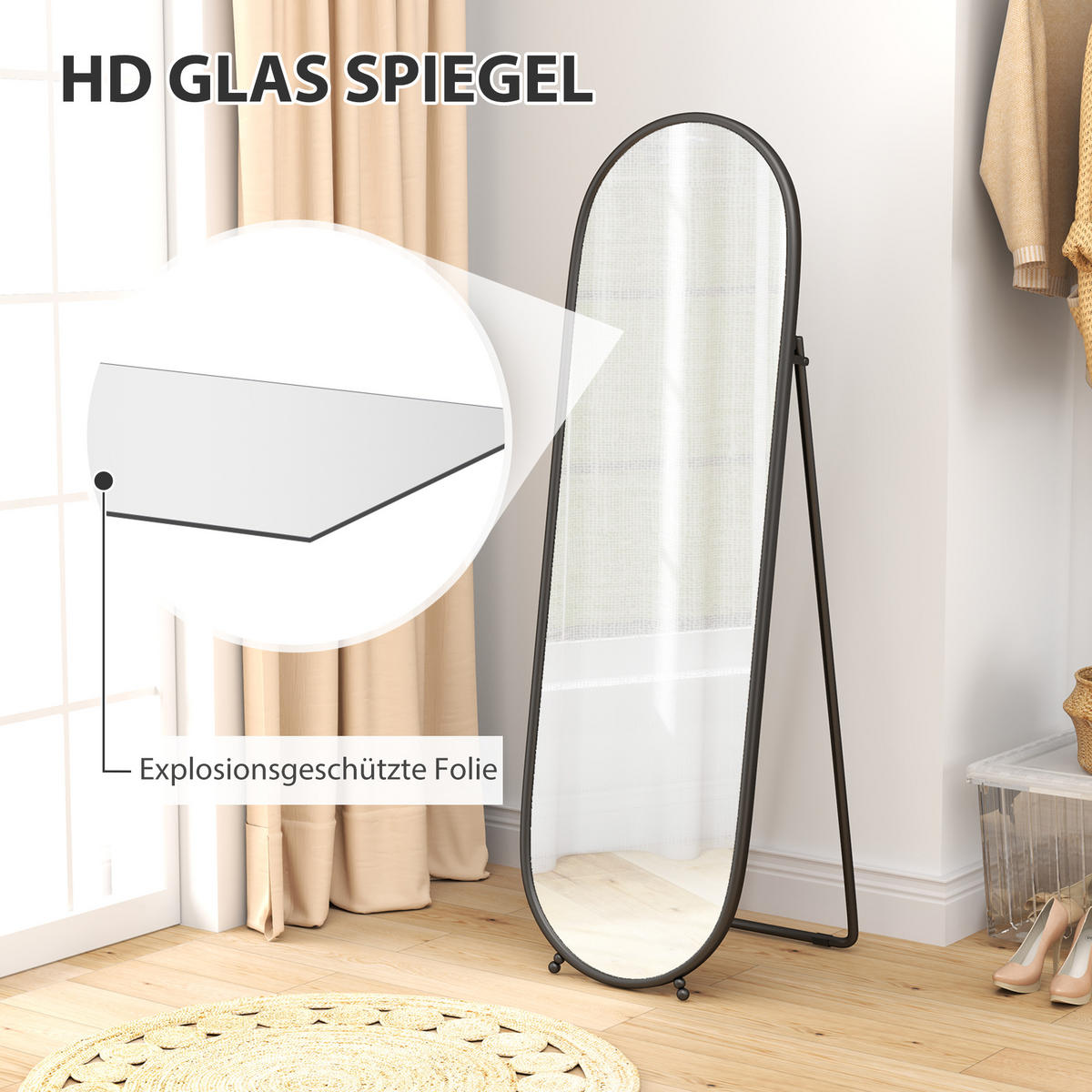 GANZKÖRPERSPIEGEL, 160 x 40 cm Wandspiegel mit Ständer, Schwarz - Schwarz, Metall (40/160/4cm) - HOMCOM