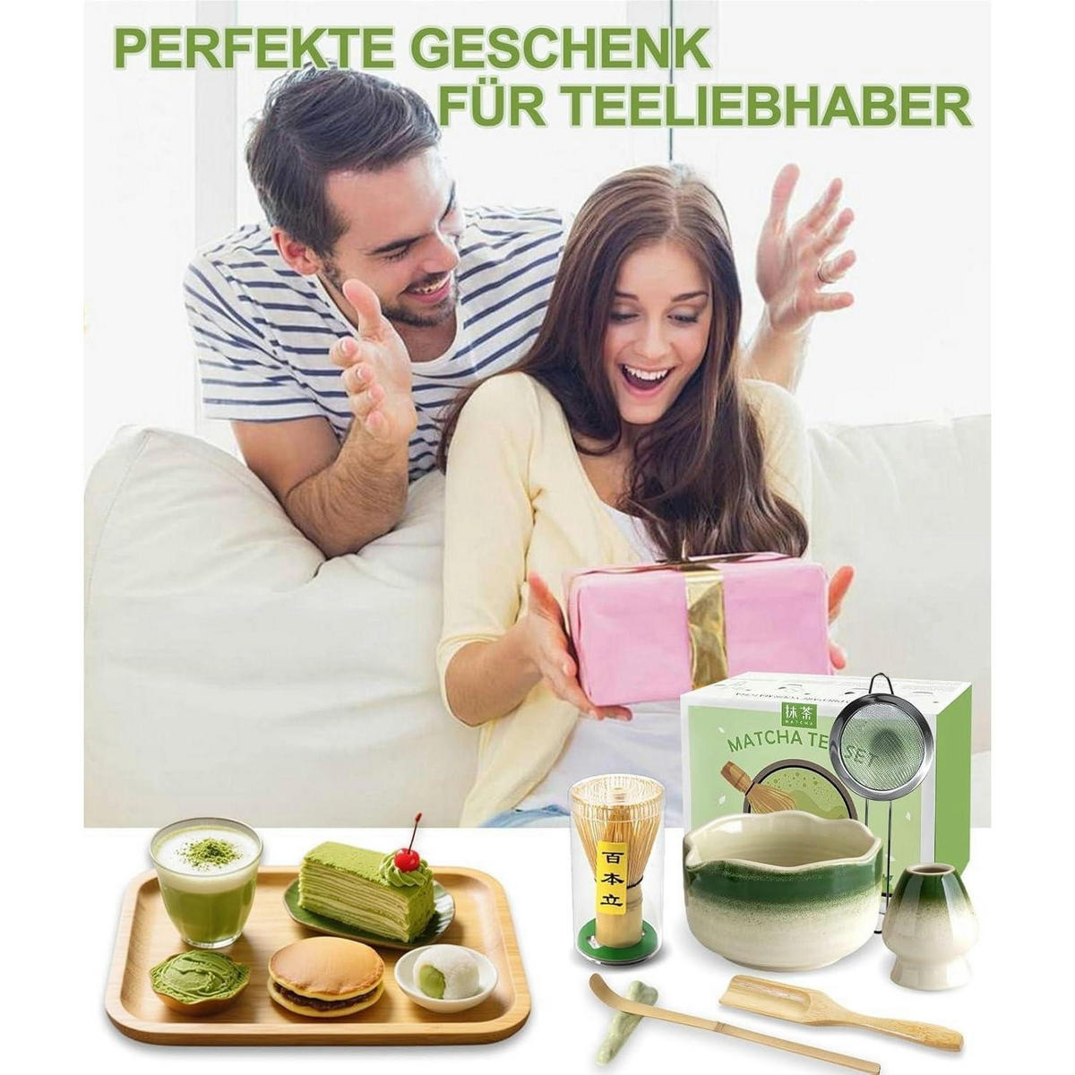 MATCHA Set 7-teilig mit Bambusbesen und Schale - Grün, Keramik (15/10/20cm)