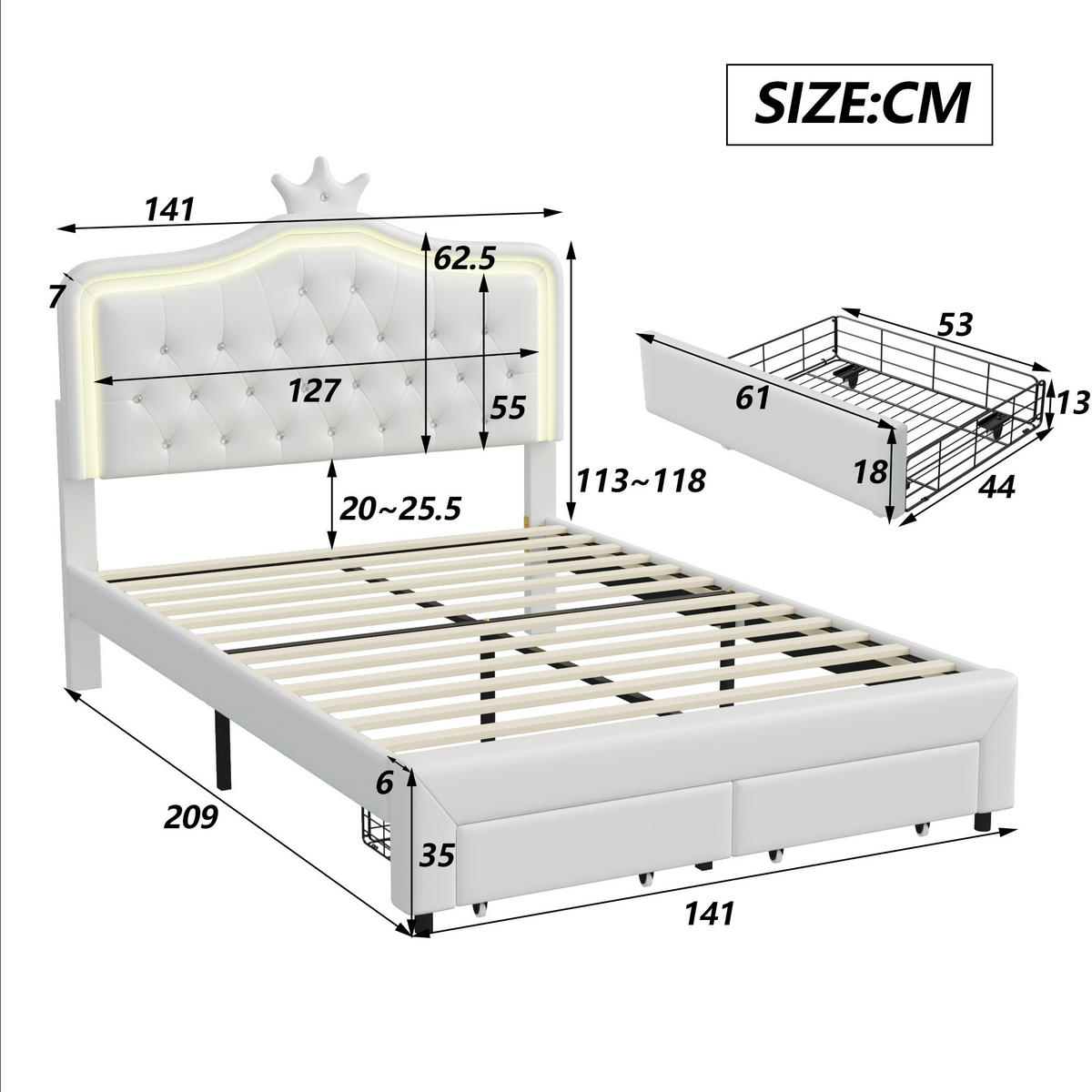 POLSTERBETT Princess Crown 140x200 cm mit höhenverstellbarem Kopfteil, PU, doppelbett mit Lattenrost & LED-Beleuchtung, Weiß - Weiß, Leder/Holz (140/200cm) - BursDany