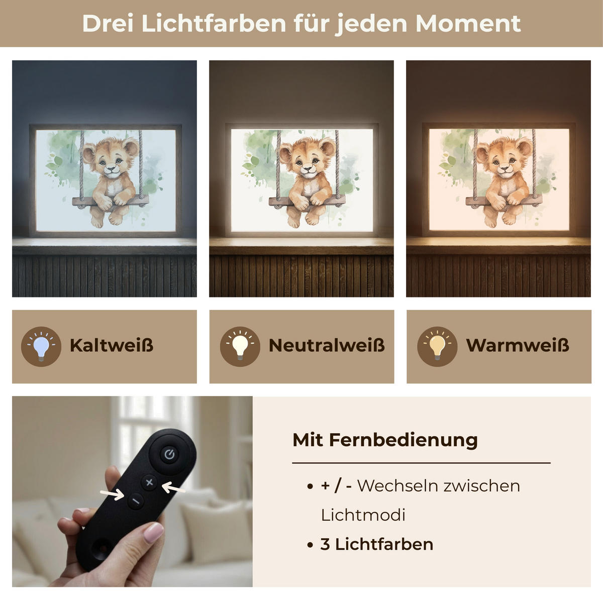 NACHTTISCHLAMPE MIT AKKU Löwe - Tier - Kinder - Dschungel 40x30 cm - Weiß, Holzwerkstoff (8/40/30cm) - OnlyWow