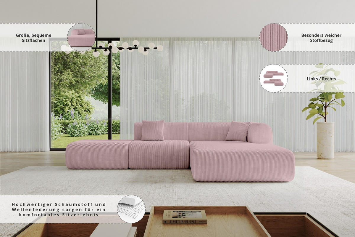 ECKSOFA Ottomane Rechts OVLY-L 289x176x71 Rosa Cord - Schwarz/Rosa, Holzwerkstoff/Kunststoff (289/176cm) - ALTDECOR