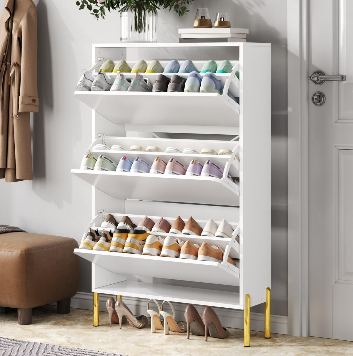 SCHUHSCHRANK 73/24/120 cm in Weiß mit 3 Türen und goldfarbenen Beinen - Weiß, Holzwerkstoff (73/120/24cm) - Flora Grace