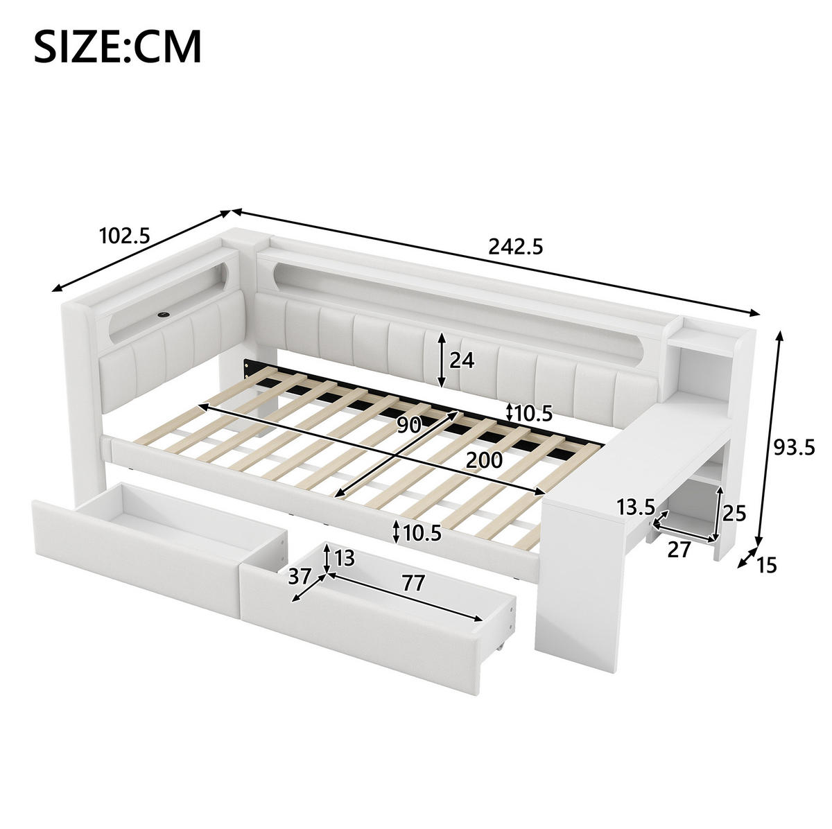 POLSTERBETT 90/200 cm Weiß mit LED-Beleuchtung, USB-Anschluss, Schreibtisch und 2 Schubladen - Weiß, Holzwerkstoff (90/200cm) - Flora Grace