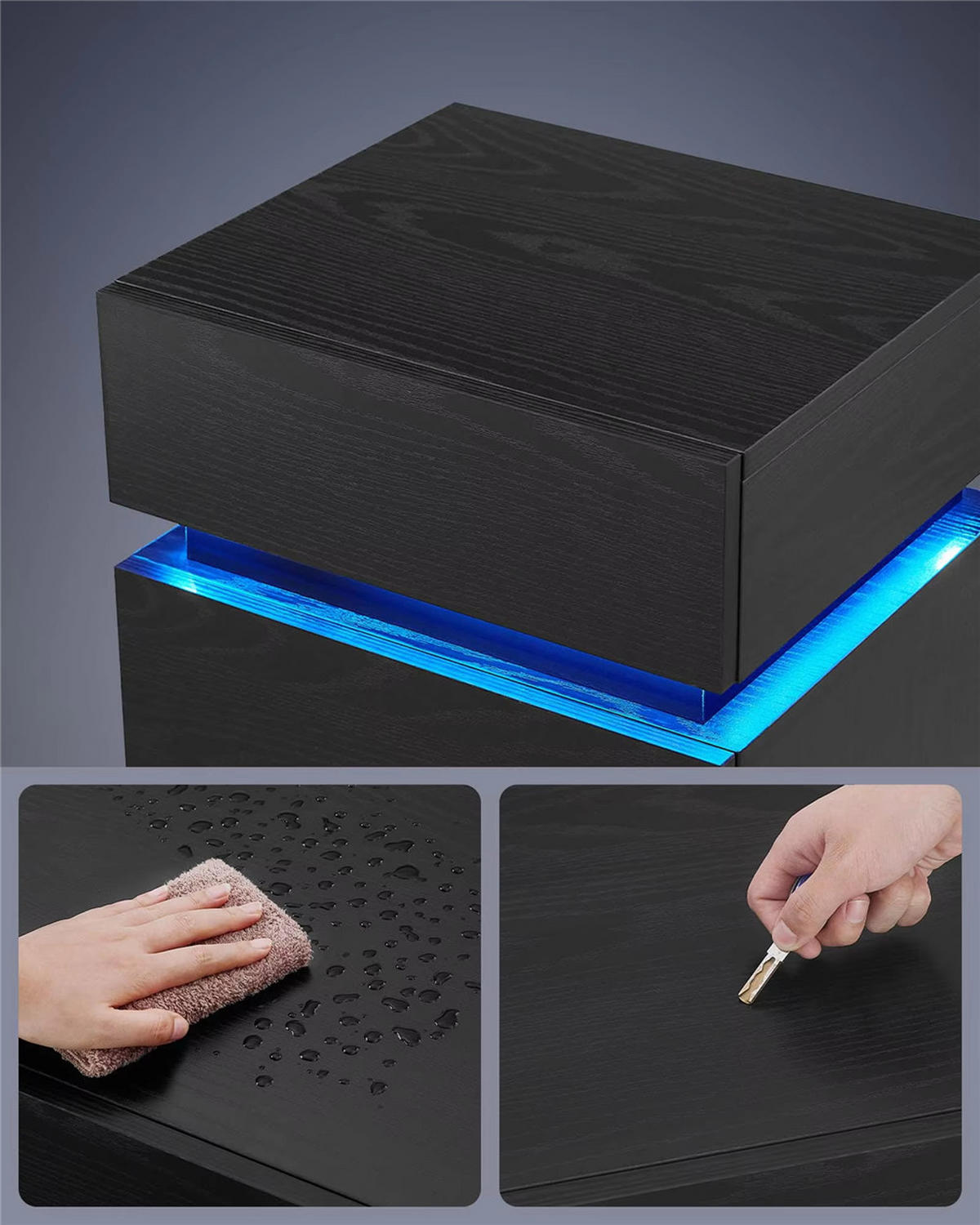 NACHTTISCH LED 40/55/35 cm mit Schubladen Farbwechsel - Schwarz, Holz (40/55/35cm) - Kaket