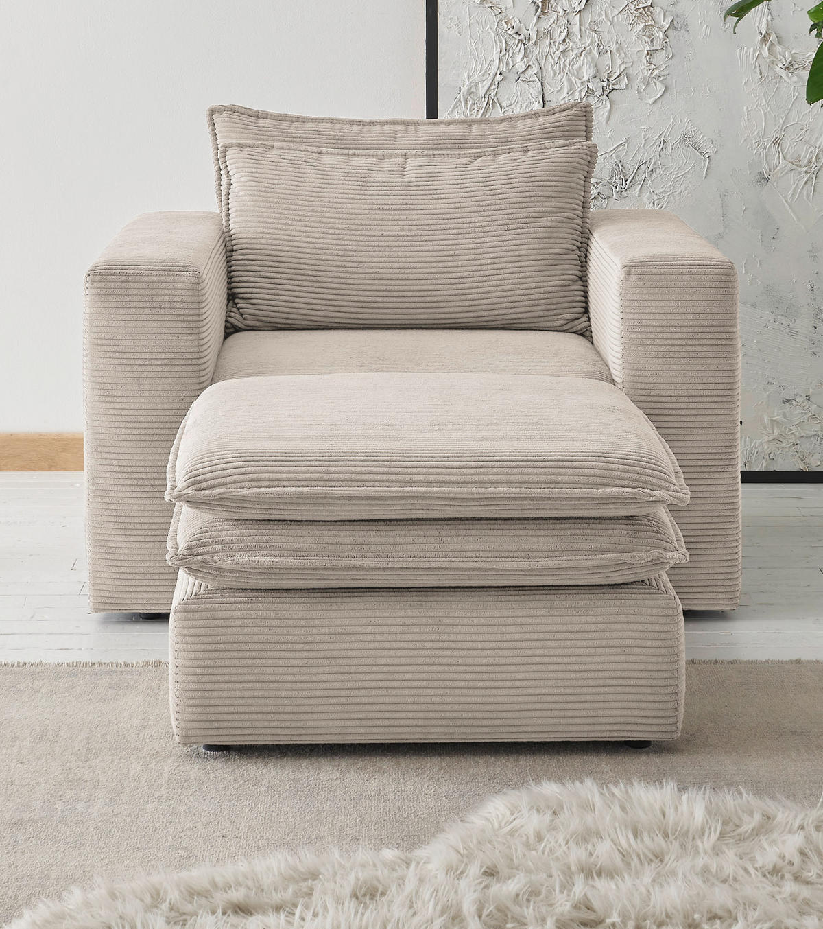 LOVESEAT Set beige Cord, Loungesessel inklusive Hocker - Beige, Holz/Kunststoff (110/83/161cm) - Furn.Design