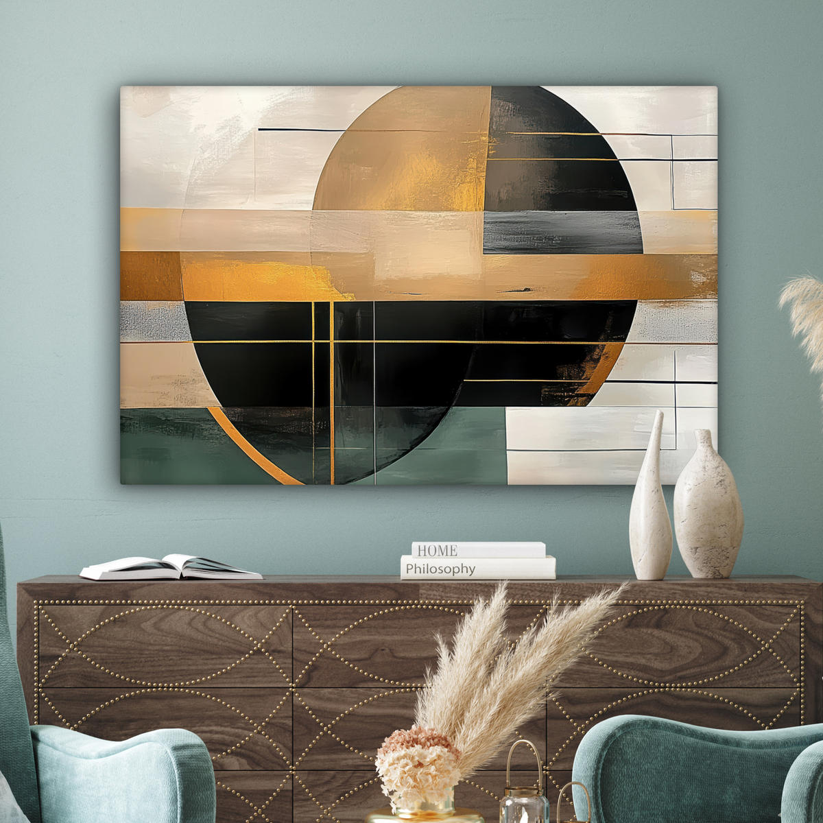 LEINWANDBILD - Abstrakt - Gold - Bronze - Grün - Formen - Modern - 120x80 - Kunstdruck - Multicolor, Textil (120/80cm) - MuchoWow
