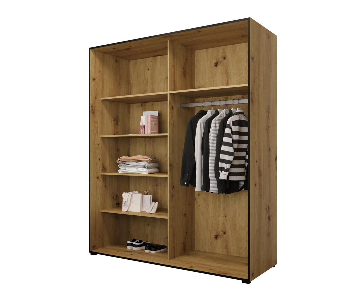 DREHTÜRENSCHRANK MODENA 180, 4-türig Kleiderschrank mit 2 Spiegel, Moderne Garderobe, Schrank in Größe: 180 x 206 x 65 cm - Schwarz/Braun, Holzwerkstoff (180/206/65cm) - O-Sofa