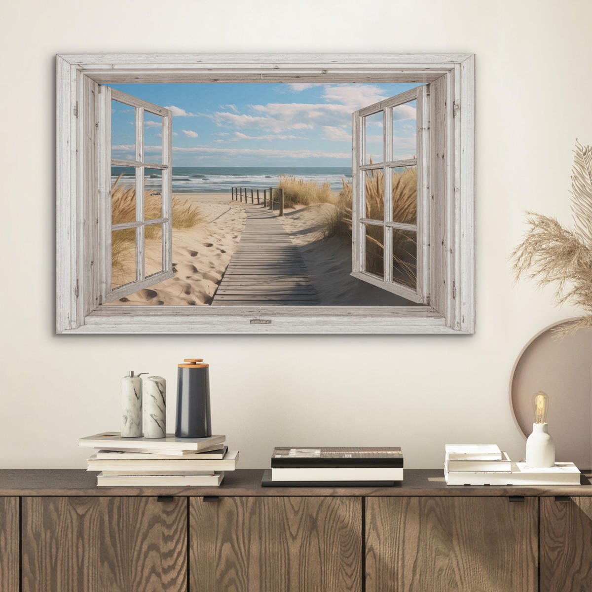 AKUSTIKBILD Fenster - Meer - Küste - Natur - Ausblick - Strand - Wattenmeer Wanddeko 70x50 cm - Beige, Kunststoff (70/50/0.9cm) - MuchoWow