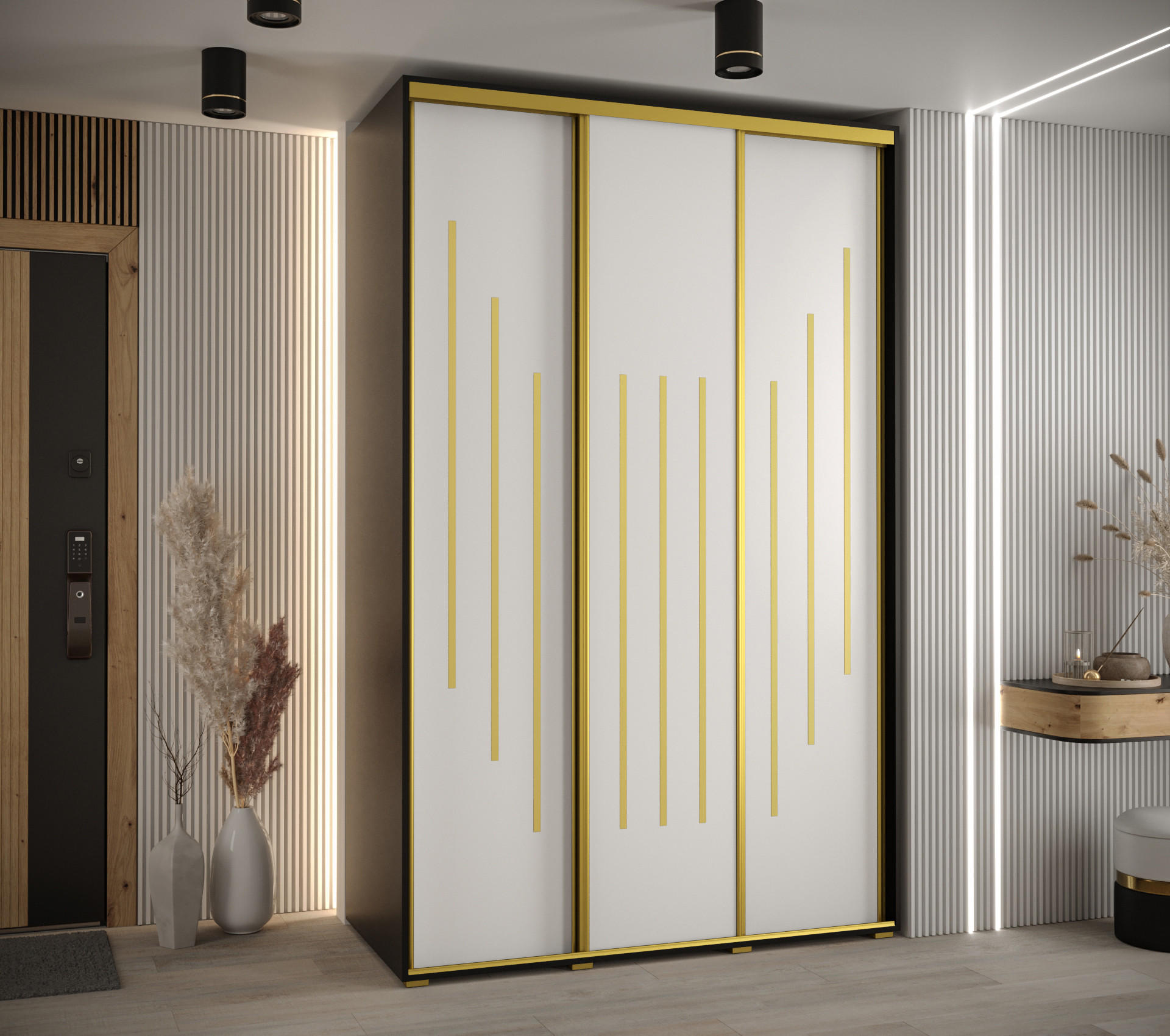 SCHWEBETÜRENSCHRANK 235,2/160/60 3-türig - Goldfarben/Schwarz, Holz/Metall (160/235/60cm) - Abiks Möbel