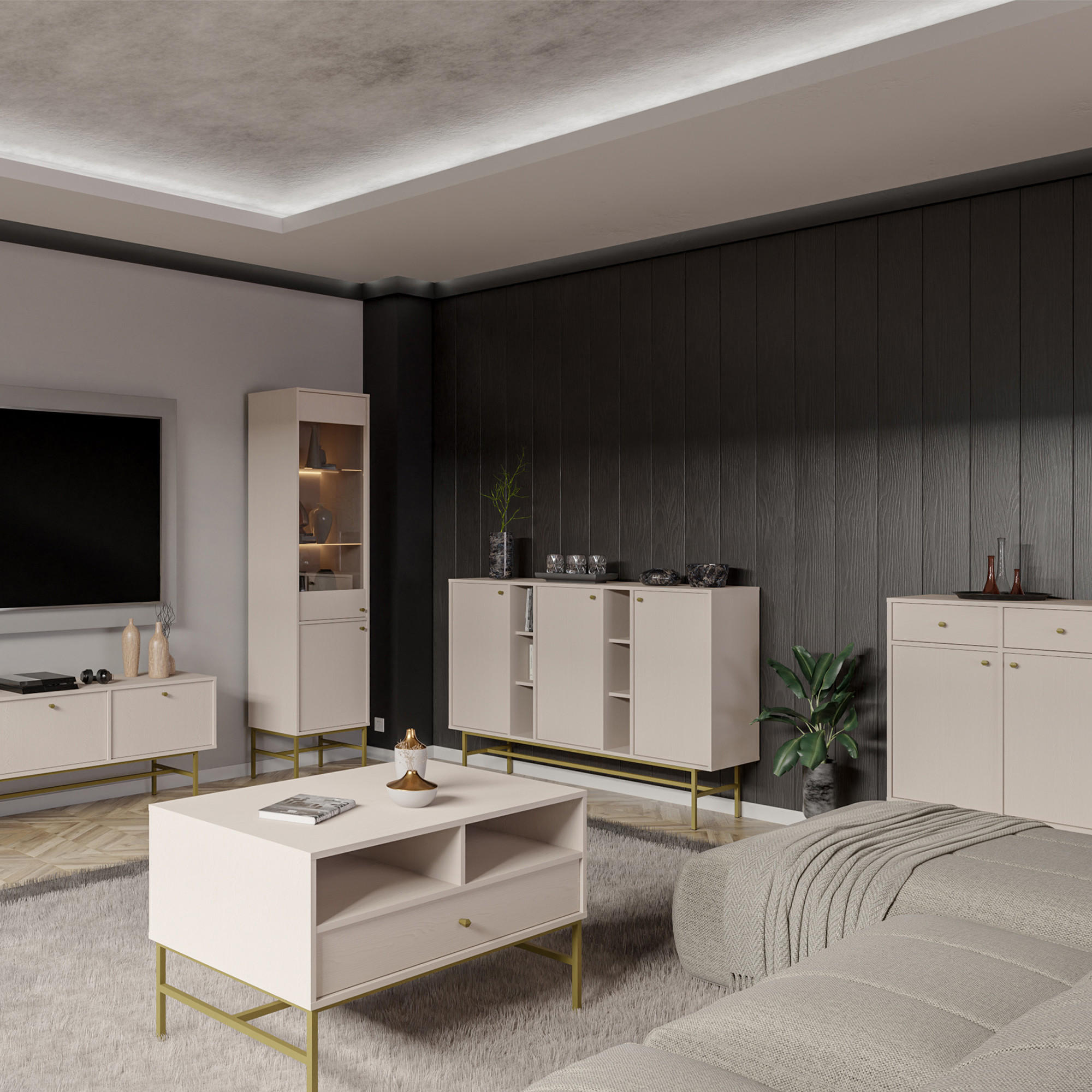 KOMMODE FLOREN, Creme/Gold - Creme, Holzwerkstoff/Metall (124.5/86.4/40.8cm) - KONSIMO®
