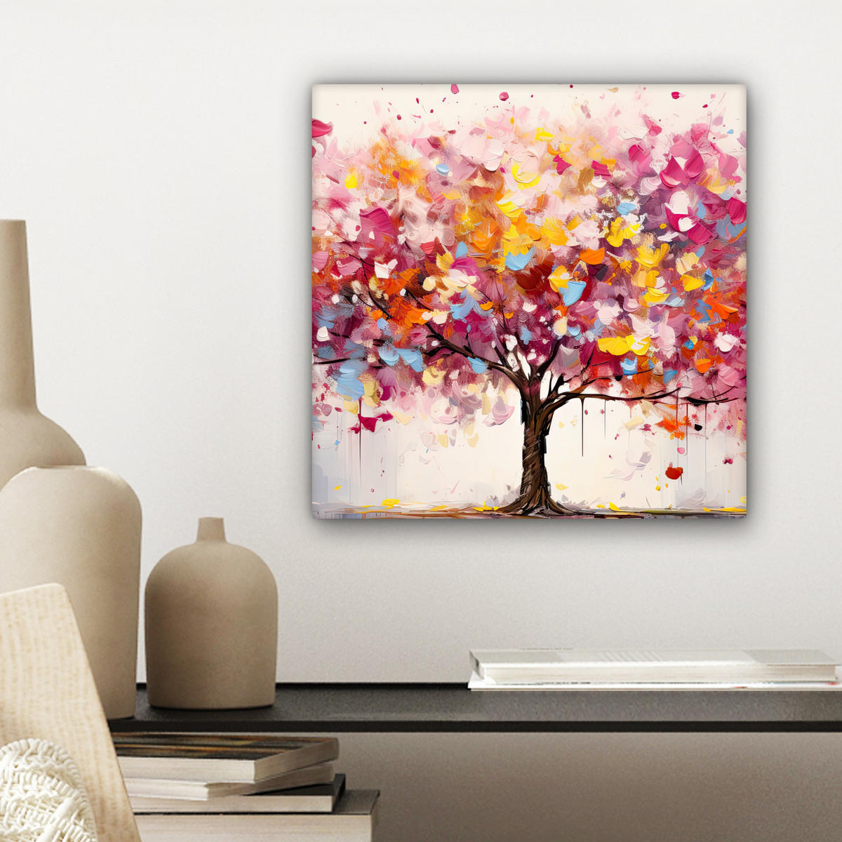 LEINWANDBILD Aquarell - Baum - Kunst - Abstrakt Deko Wohnzimmer 20x20 cm - Multicolor, Textil (20/20cm) - MuchoWow