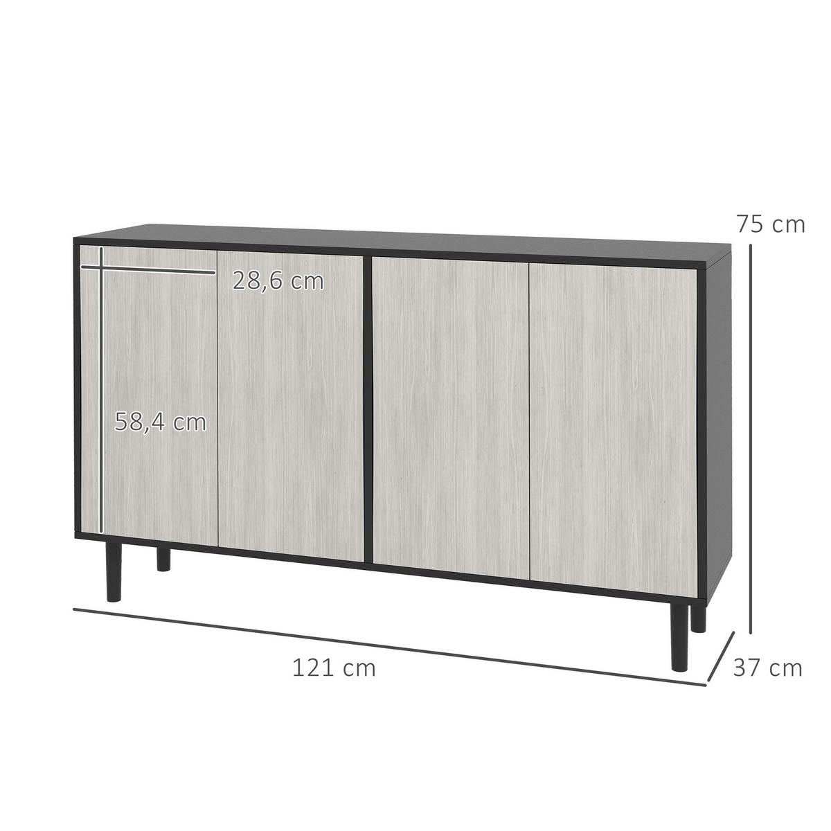 SIDEBOARD Schwarz und Grau, 2 Doppeltüren, 121/37/75 cm - Schwarz, Holz (121/75/37cm) - PANGIVO