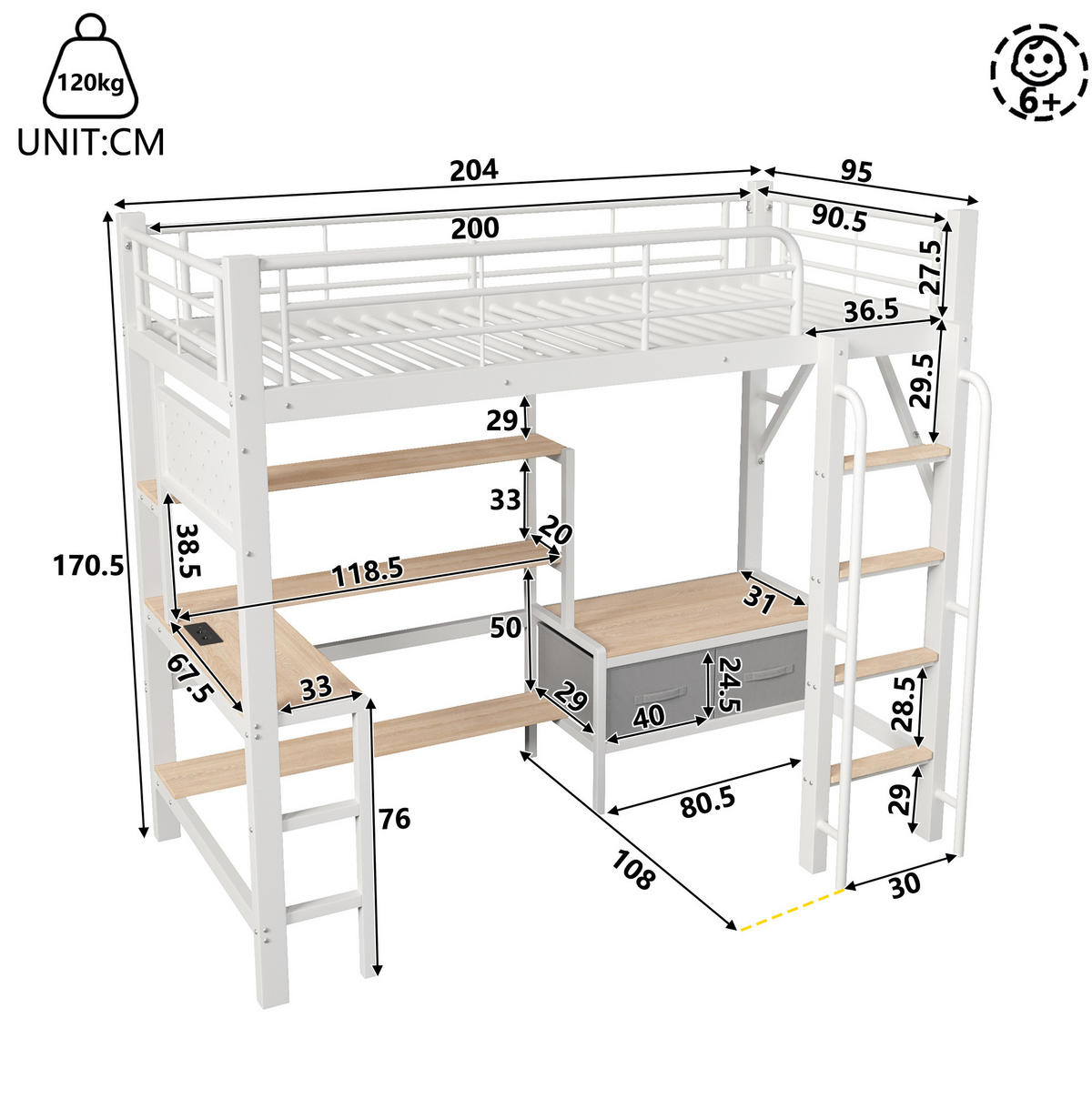HOCHBETT aus Metall und MDF 90x200 cm Weiß mit Schreibtisch, LED-Beleuchtung und Stauraum - Weiß, Holzwerkstoff (90/200cm) - Modfu