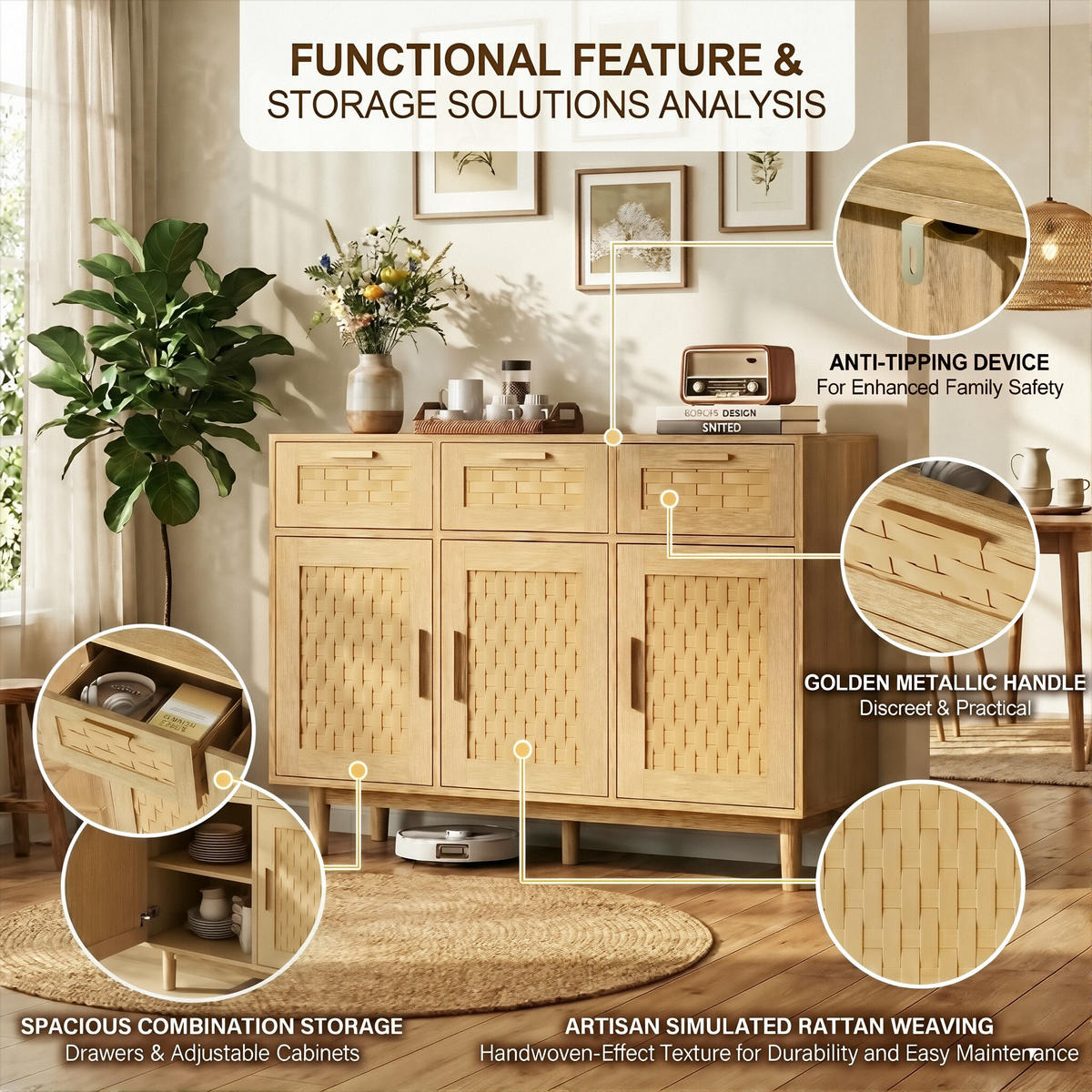 SIDEBOARD Japandi mit 3 Türen & 3 Schubladen 108/40/80 cm Eiche-Dekor - Eichefarben, Holzwerkstoff (107.9/80/40cm) - Creahappy