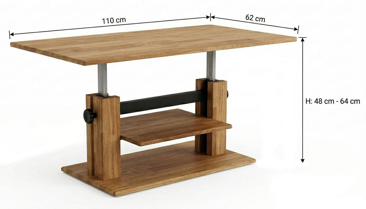COUCHTISCH C-20 Eiche geölt 110 / 62 / 48-64cm - Eichefarben, Holz/Holzwerkstoff (62/100/64cm) - Feldmann-Wohnen
