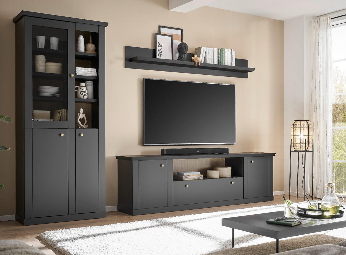 WOHNWAND schwarz matt, Eiche 3-teilig 301 cm, Wohnkombination mit Soft-Close - Eichefarben/Messingfarben, Glas/Holzwerkstoff (301/200/42cm) - Furn.Design