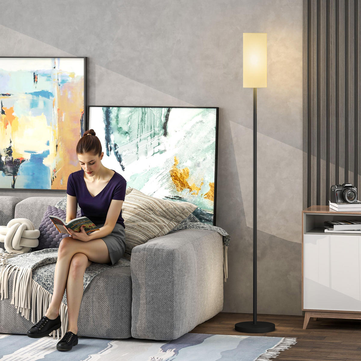 STEHLAMPE, Stehleuchte mit Lampenschirm aus Stoff, E27 Fassung Weiß - Schwarz, Metall (22/22/163cm) - HOMCOM