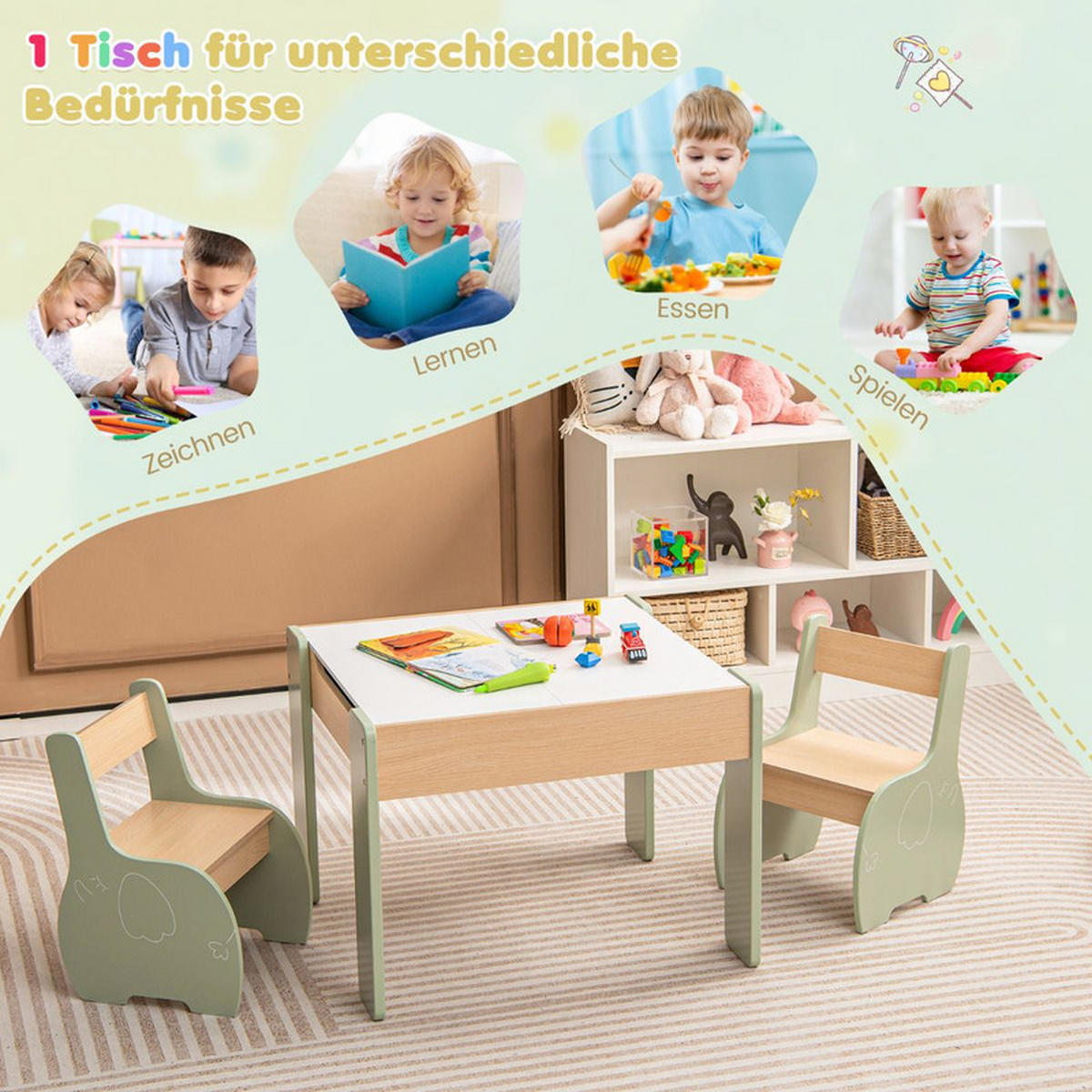KINDERTISCH mit Stuhl grün(3-tlg) - Grün, Holzwerkstoff (63.5/48/61.5cm) - COSTWAY