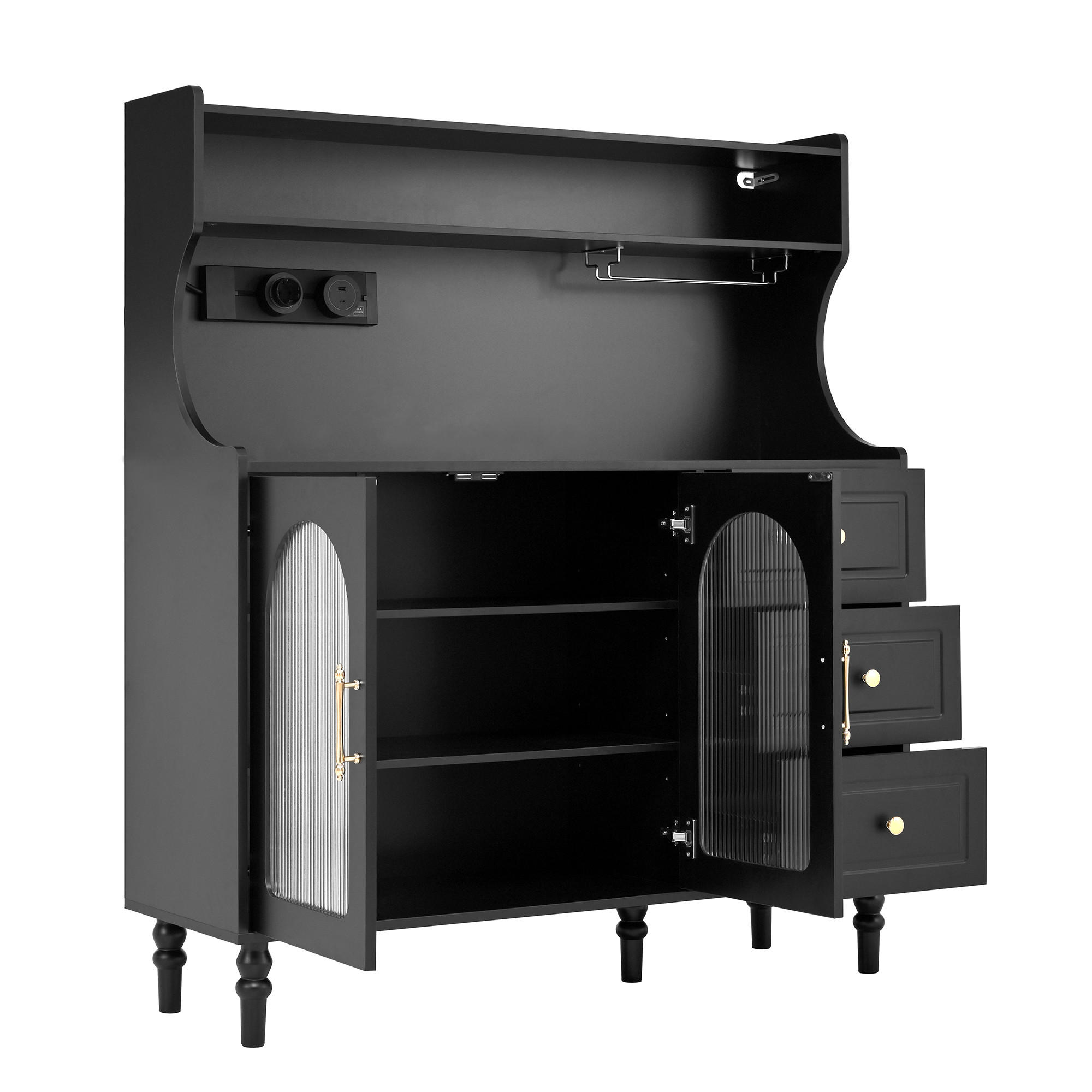 BUFFET in Schwarz mit Weinglashaltern und Stauraum für Esszimmer und Küche, B120/T40/H138.5 cm - Transparent/Schwarz, Glas/Holzwerkstoff (120/138.5/40cm) - STILVORA