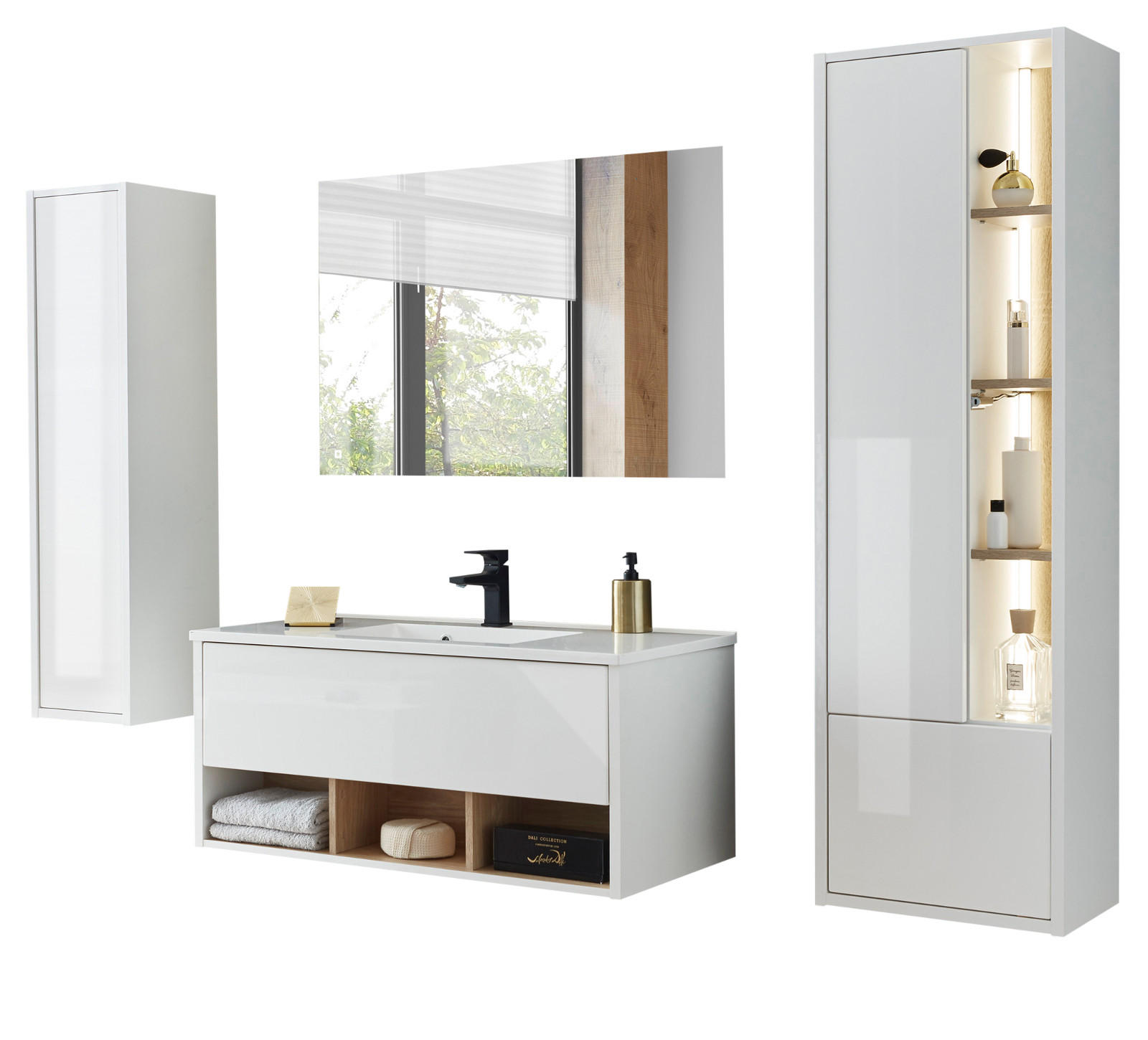 BADMÖBEL-SET weiß Hochglanz, Eiche mit Waschbecken und LED Beleuchtung 195 x 190 cm Glide - Weiß Hochglanz/Eichefarben, Glas/Holzwerkstoff (195/190/47cm) - Furn.Design