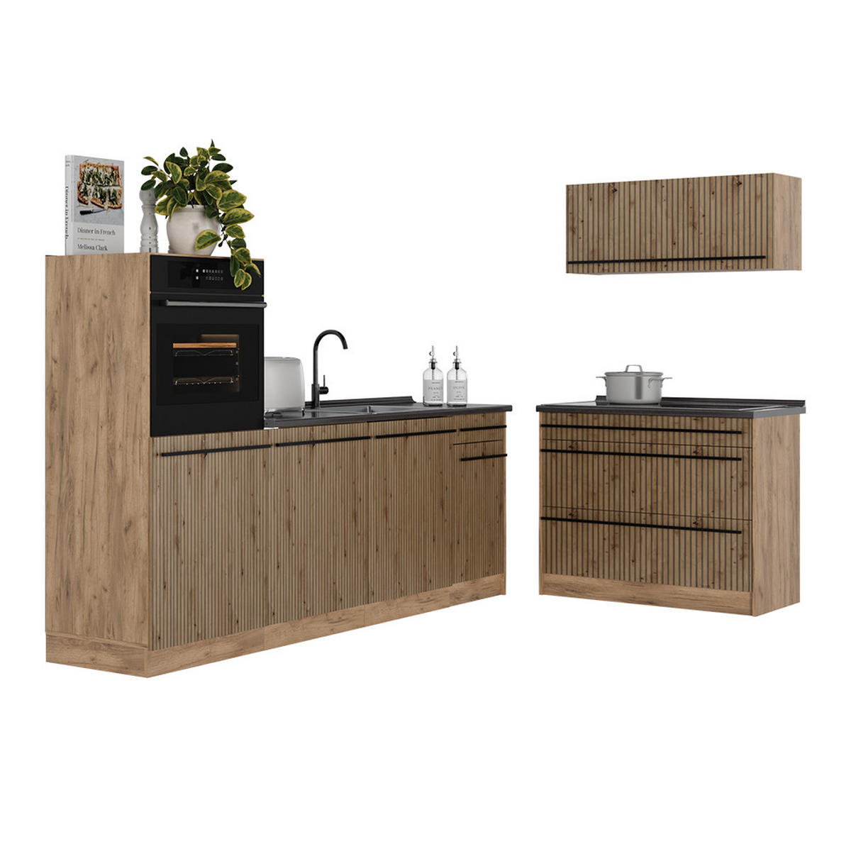 KUCHYNSKÝ KÚT R-Line, Remeselný dub/Dub Goldkraft, 220 cm Marmori työtaso - dub medový/dub artisan, kompozitné drevo (220/143/60cm) - Vicco