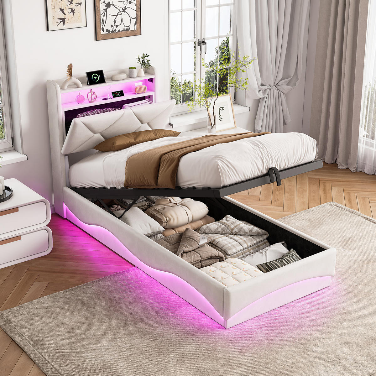 POLSTERBETT 90/200 cm Beige mit Bettkasten und LED-Beleuchtung - Beige, Holz (90/200cm) - SHOPENTRA