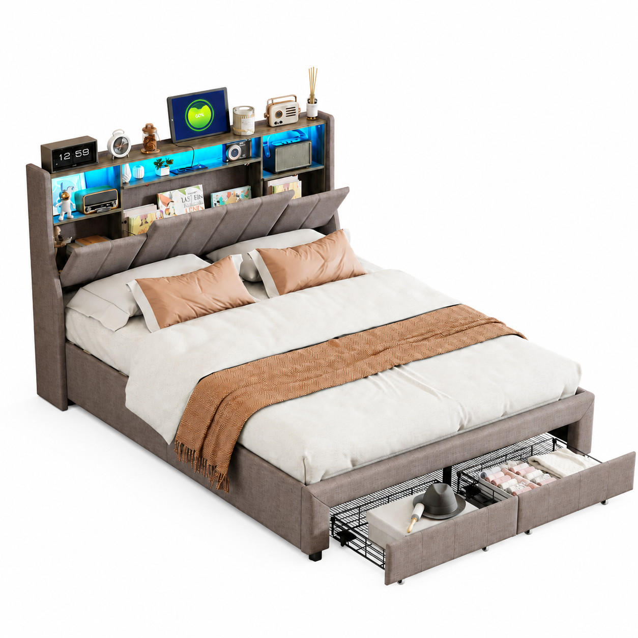 POLSTERBETT 160/200 cm mit zwei rollengeführten Schubladen am Fußende, großem Ablagekopfteil mit blauem LED-Licht & USB-Anschluss, Leinenoptik-Bezug - Grau, Holz/Metall (160/200cm) - Joyfair