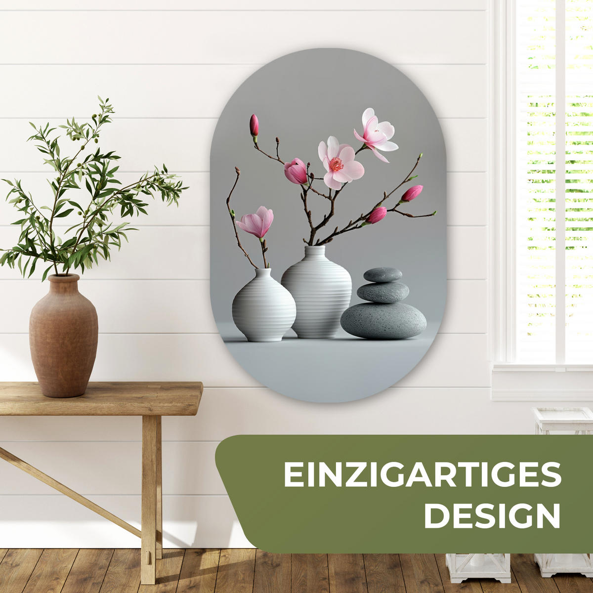 WANDBILD Magnolie - Blumen - Rosa - Zen-Steine 60x90 cm - Hellgrau, Kunststoff (60/90cm) - MuchoWow