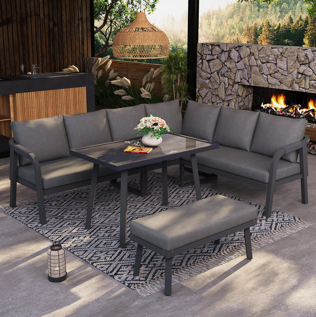 GARTEN-ESSGRUPPE mit Ecksofa, Esstisch und Bank für 8 Personen, Seilgeflecht und Glasplatte, Grau - Grau, Holzwerkstoff - Redom