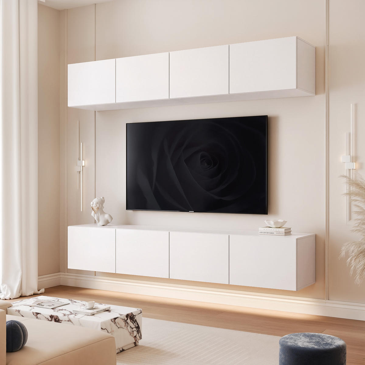WOHNWAND ANGEL I Mattweiß hängend mit LED-Beleuchtung 200 cm - Weiß, Holzwerkstoff (200/36/40cm) - Idohome