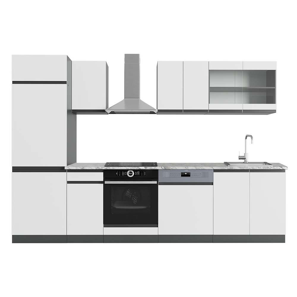 KÜCHENZEILE R-Line Weiß/Anthrazit 300 cm J-Shape, AP Marmor - Anthrazit/Weiß, Holzwerkstoff (300/81.6/60cm) - Vicco