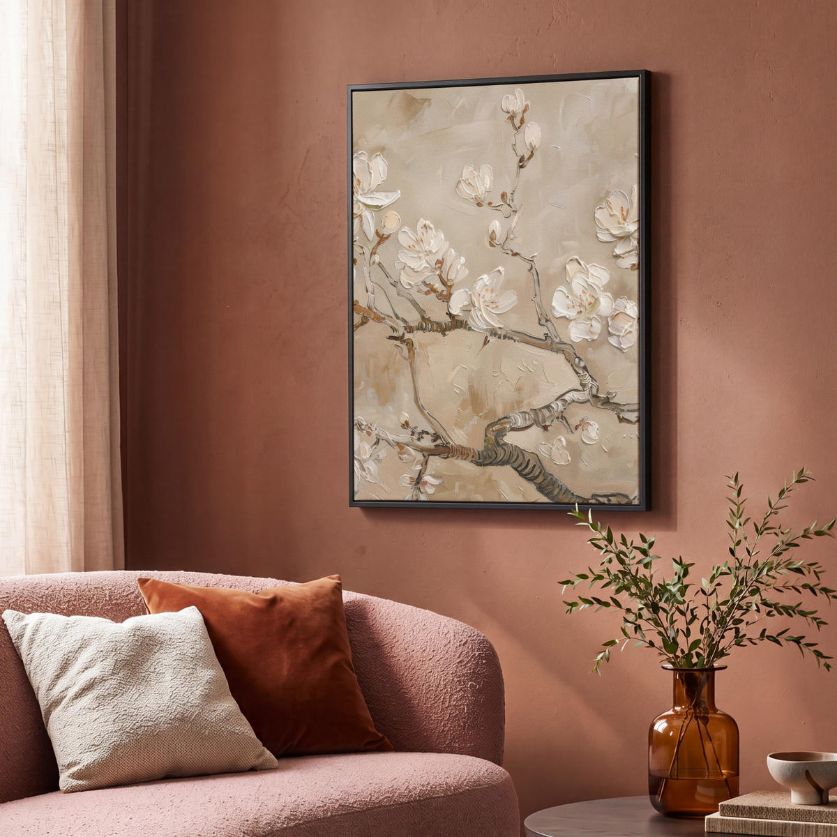 LEINWAND Bilder mit Rahmen - Blumen - Modern - Beige - Weiß - Blüte - 70x100 - Beige, Textil (70/100cm) - MuchoWow
