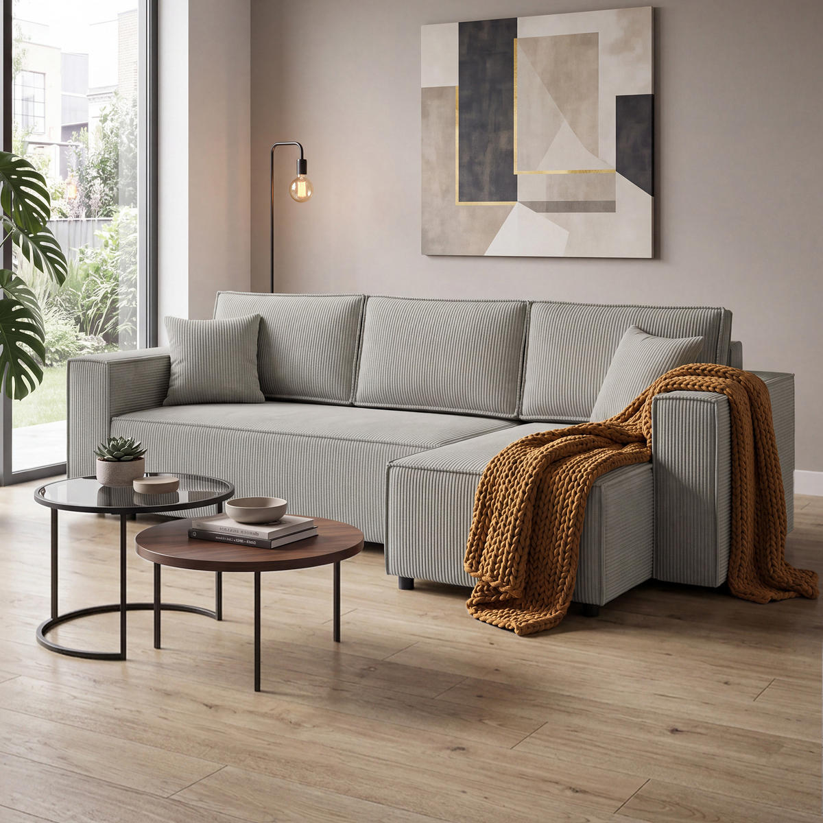 ECKSCHLAFSOFA Neapol mit Bettkasten, 255 cm, Cord-Stoff, Cappuccino - Schwarz/Cappuccino, Textil (256/148cm) - Beautysofa