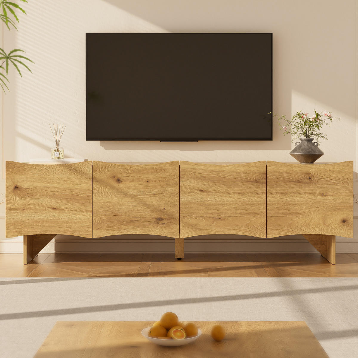 TV Lowboard 155 cm, Wellenfront, 4 Türen, Holz - Braun, Holz (155/45/34cm)