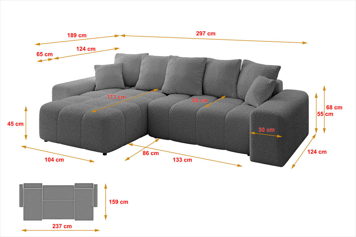 ECKSOFA Ottomane links/rechts ENIL-L 297x189x68 Grau Bouclé - Grau, Holzwerkstoff/Kunststoff (297/189cm) - ALTDECOR