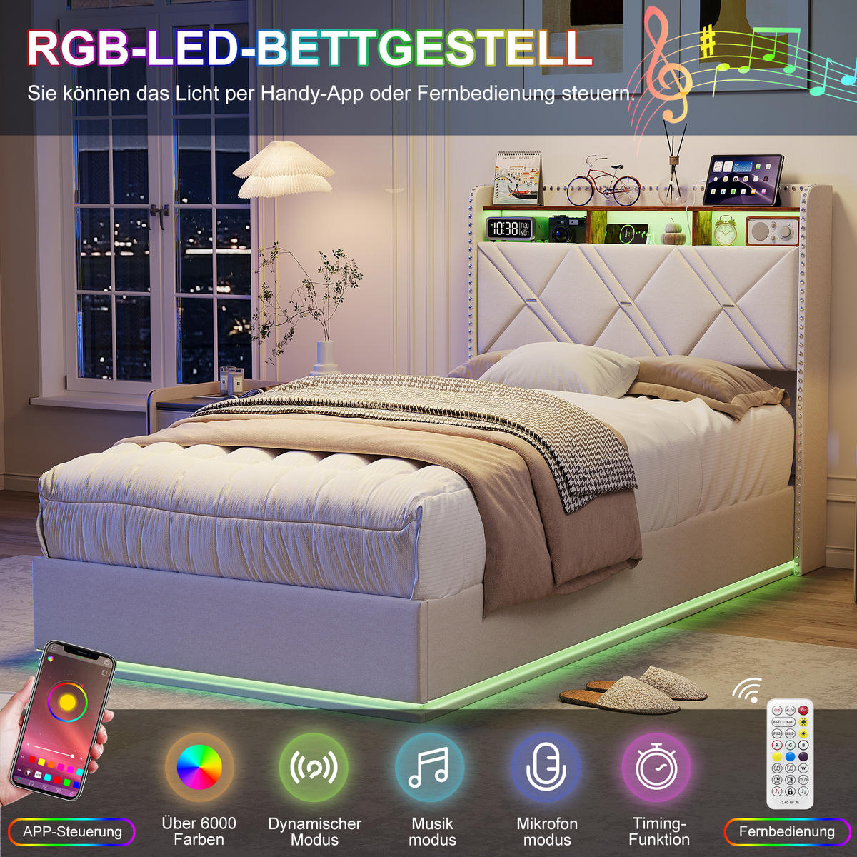 POLSTERBETT 90/200 cm Beige mit hydraulischem Stauraum, LED mit Ablage und USB - Beige, Metall (90/200cm) - EuroLiving