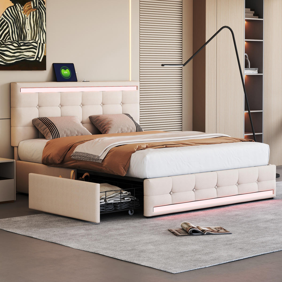 ČALÚNENÁ posteľ 140/200 cm béžová, čalúnená s LED osvetlením, 4 zásuvky a USB - béžová, textil (140/200cm) - BEAOK