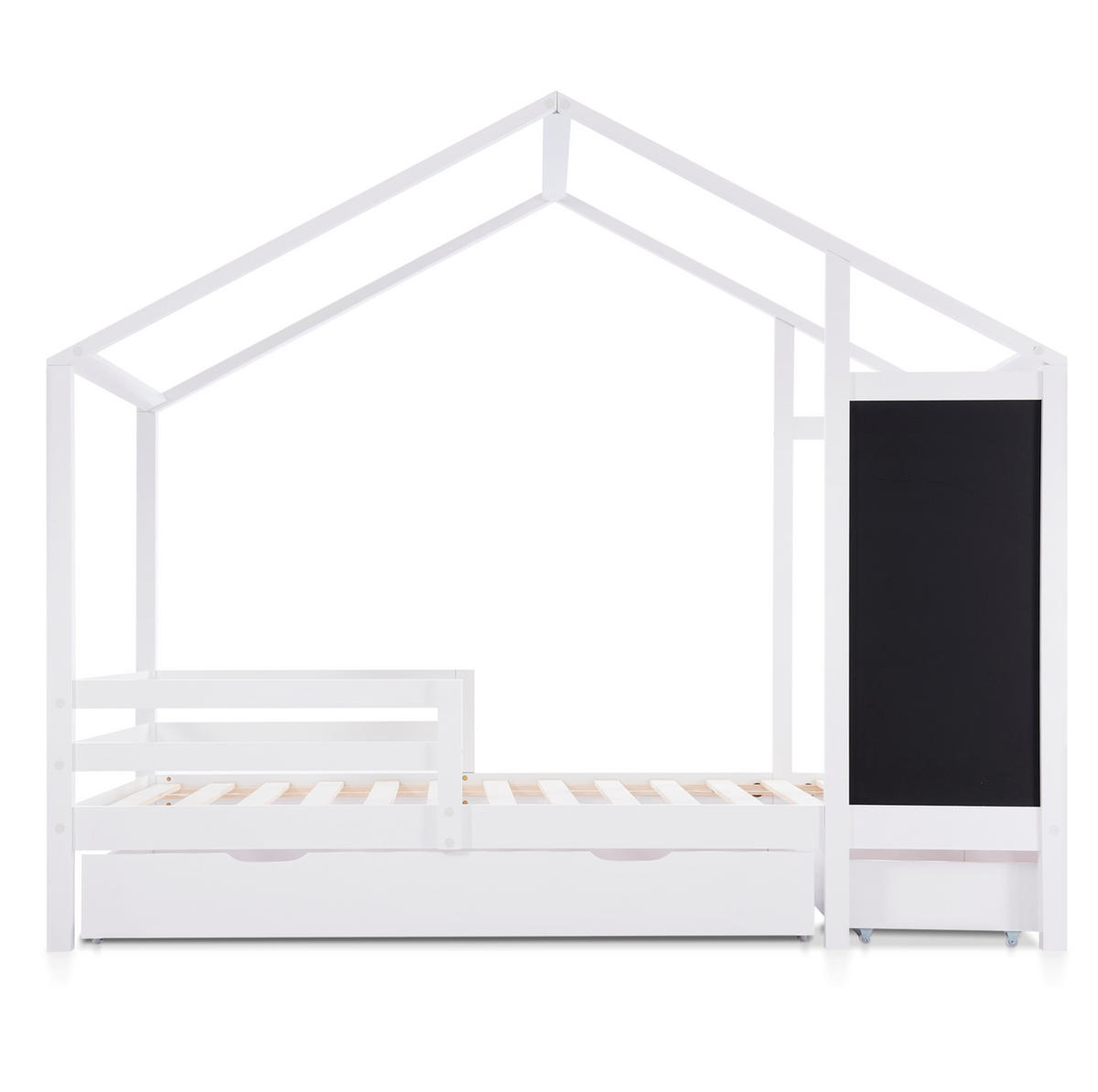KINDERBETT 90/200 cm mit Tafel, 2 Schubladen und dreiseitigem Rausfallschutz aus Massivholz, Weiß - Weiß, Holz - Redom
