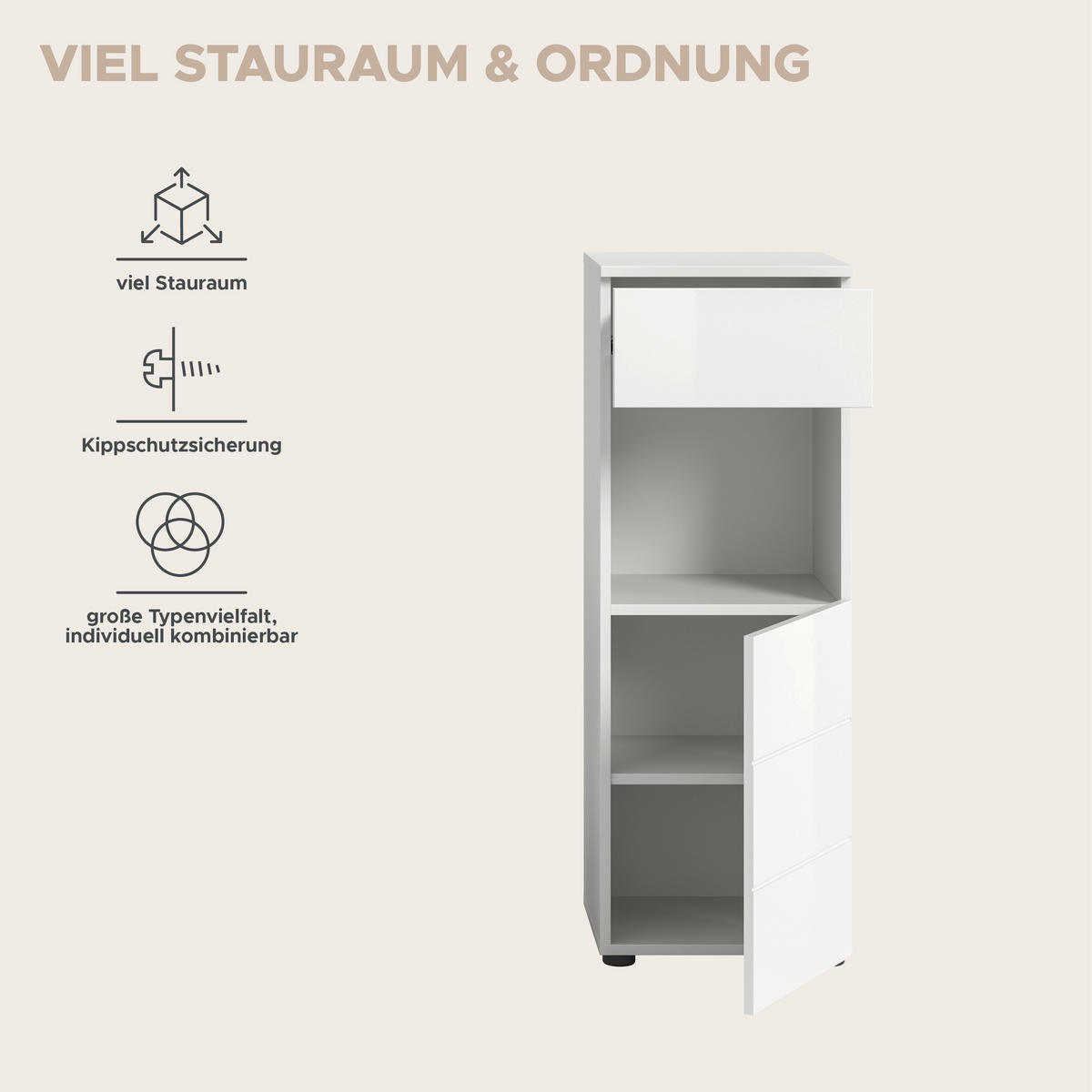 STANDSCHRANK VIRA (B/H/T: ca. 38/106/34 cm) in weiß/weiß hochglanz - Weiß, Holzwerkstoff (38/106/34cm)